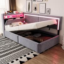 Upholstered Sofa Bed 90x200 cm With LED Lighting and USB Charging Ports. Headboard Opens. Hydraulic Storage Under Bed, Velvet Fabric Light Grey 218 x 99 x 87 cm šviesiai pilka spalva