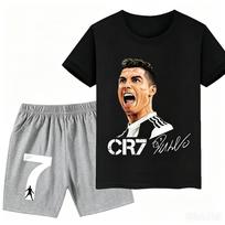 2026 Ronaldo Futbolo Žaidėjas CR7 Spausdinti Vaikų Drabužiai Laisvalaikio Marškinėliai+Šortai 2vnt Rinkiniai Vasaros Vaikams Berniukams Madingi Sportiniai Kostiumai. 140 gray