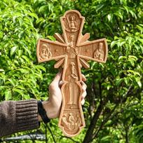 Senovinis vientiso medžio drožinys Stačiatikių kryžius Mediniai amatai Bažnyčia Šventas Namai Gyvenamoji Dekoruacija high 25cm brown