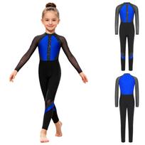 Merginų šokio ir gimnastikos bodis su kalnų krištolais, tinklinio audinio intarpais, ilgomis rankovėmis, užtraukiamas nugaroje, pilno ilgio kombinezonas varžyboms 5-6 Years karališkos mėlynos spalvos