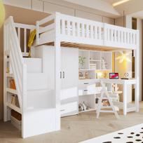 Loft Bed, 90x200cm, Storage Ladder, Wardrobe, Desk, Drawers, Storage Compartments, Without Mattress, White 253 x 95 x 170 cm balta