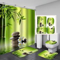 4 vnt. Zen Green Bamboo Buddha serijos dušo užuolaidų rinkiniai, skirti vonios kambariui neslidūs vonios kilimėliai, dangtis, tualeto užvalkalas, vonios kilimėlis