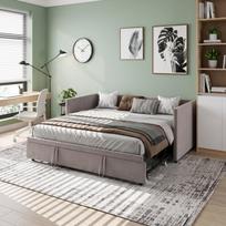 Sofa-lova, išskleidžiama dvigulė sofa-lova su ištraukiamu lovos rėmu, aksominis audinys, tamsiai pilka