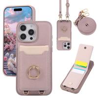 Rankinė ant peties su kortelių laikikliu ir telefono dėklu, skirta iPhone 15 16 Pro Max 14 13 12 11 16E, su dirželiu ant kaklo ir riešo, odinis dėklas For iPhone 12 12Pro violetinė