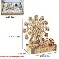 Ferris Wheel Music Box Model with LED Light 3D Wooden Puzzle DIY Assembly Building Kit Home Decoration Crafts Adults Kids Gift beige