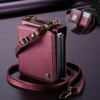 Skirta Samsung Galaxy Z Flip 7 5G 2025 prabangi dėklas su dirželiu per petį sulankstomas RFID odinis kortelių dėklas Samsung Z Flip7 piniginės dangtelis Case & Strap&Galaxy Z Flip 7 raudona