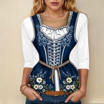 Moteriškas laisvalaikio viršus su 3/4 rankovėmis, Oktoberfesto rašto, apvalia iškirpte, lengvas marškinėlis kasdieniam dėvėjimui ir sezoniniams renginiams XXL tamsiai mėlyna spalva