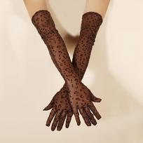 Female Alluring Modern Cheetah Design Net Fabric Fine See Through Max Flexibility Snug Well Ventilated Prolonged Mitts Performance Character Robe Up 55cm beige