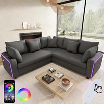 L-Shaped Corner Sofa with LED Ambient Lighting, USB Charging Port and Soft Corduroy Fabric, for Living Room, Bedroom and Apartments, Color Grey 198 x 198 x 83 cm pilka