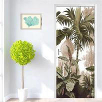 3D durų lipdukas Žalia palmių augalo tapetai Lipni įėjimo namo miegamojo dekoratyviniai vinilai Abstrakčios linijos peizažo plakatas 77x200cm(Cut 2 pcs)