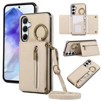 Kryžinė piniginė su užtrauktuku, kortelių laikikliu, odiniu dėklu, skirtu Samsung Galaxy S24 Ultra S23 FE S22 S21 Plus A55 A15 A25 A35 A54, su žiedu For Galaxy S22 smėlis