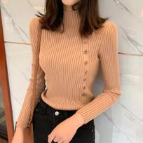 Autumn Winter Half High Collar Pullover Sweaters Women Long Sleeve Slim Fit Knitted Sweater Woman Button Up Casual Office Lady Base Jumpers Tops 31065 One Size rožinė