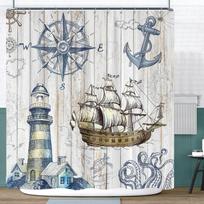 Vintažinė jūrinių nuotykių dušo užuolaida - Detalus laivas, švyturys ir kompasas jūra įkvėptam vonios kambario dekorui W90XH180cm gray