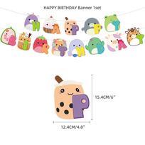 Squishmallows Gimtadienio Šventės Reikmenų Rinkinys Su Torto Viršumi, Balionais Ir Vėliavėle. Idealiai Tinka Vaikams. Banner beige