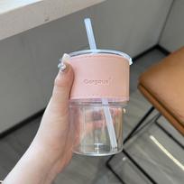 400ml Water Bottle Creative Glass Coffee Straw Cup with Lid Water Bottle Beer Tea Drinkware Couple Coffee Mug with Straw rožinė