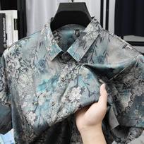 Men's Summer Hong Kong Style Loose Collar Top Men's Short Sleeved Shirt Men's Shirt XL žalia