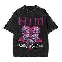 HIM Heartagram Klasikinis LOGO Grafinis Spaudas Marškinėliai Vyrams Moterims Vintažiniai Skalbti Medvilniniai Apvaliu Kaklu Vasariniai Nauji Marškinėliai Per dideli Harajuku Viršutiniai 2XL black