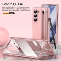 Samsung Galaxy Z Fold 8 Ultra PU odos telefono dėklas su vyrių apsaugaZ Fold 7 dėklas su priekinio ekrano plėvele + rašiklis For Samsung Z Fold 5 rožinė