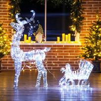 Šviečiantis Kalėdų elnias ir rogutės su 170 šiltos baltos LED lemputėmis, Kalėdinė puošmena vidaus ir lauko erdvėms, 60x29x115cm 60 x 29 x 115 cm