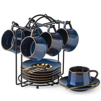 Espresso Puodelių Rinkinys su Lėkštutėmis ir Metaliniu Stovu Kavos Puodelių Rinkinys iš 6 vnt. 4 oz Kapučino Puodeliai Arbatos Puodelis Arbatos Išgertuvei - Baltas 4.0 ounces