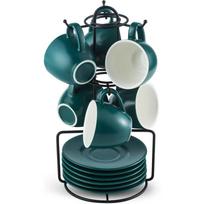 Espresso Puodelių Rinkinys su Lėkštutėmis ir Metaliniu Stovu Kavos Puodelių Rinkinys iš 6 vnt. 4 oz Kapučino Puodeliai Arbatos Puodelis Arbatos Išgertuvei - Baltas 4.0 ounces tamsiai žalia spalva