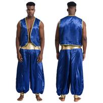 Vyriškas arabiško princo kostiumas S-4XL - Blizgi auksinė apdaila, liemenė ir patchwork kelnės Helovinui/Cosplay M karališkos mėlynos spalvos
