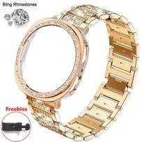 Cirkonio deimantais blizganti metalinė laikrodžio apyrankė + PC apsauginis dėklas Samsung Galaxy Watch 8 44mm 40mm verslo laikrodžiui Galaxy Watch 8 apyrankė Galaxy Watch 8 44mm rožinio aukso spalvos