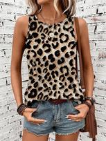 Vasaros Seksualūs Leopardiniai 3D Spausdinti Tankai Moterims Gatvės Stiliaus O-Kaklo Elegantiškas Berankovis Topas Off Shoulder Y2k Moteriški Drabužiai M black