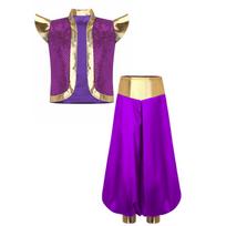 Boys Arabian Fairy Tale Vest Sequins Metallic Stand Collar Shoulder Pads High Waist Loose Pants 2 Piece Set 5-6 Years violetinė