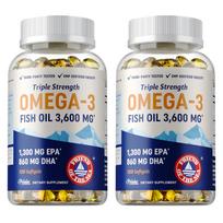 Didelės koncentracijos Omega 3 žuvų taukų kapsulės, 3600 mg porcijoje, praturtintos EPA ir DHA ekstraktais, visiškai natūralios. 120*2
