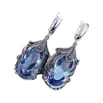 Silver-Plated Metal Zircon Drop Earrings Oval Zircon Stone Ornate Inlaid Long Drop Earrings Long Dangle Crystal Dangle Earrings mėlyna