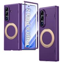 Samsung Galaxy Z Fold 8 Ultra dėklas su vyrių apsauga, magnetiniu žiedu-stovu ir grūdinto stiklo ekrano apsauga - Juodas violetinė
