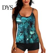 Beachwear 2Pcs/Set Tankini Set Removable Strap Chest Pad Adjustable Shoulder Breathable Swimsuit Straps Tops Elastic Waist Printed Swimming S žalia