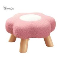 Sofa Flower Stool with Wooden Legs Cloud Velvet Cushion Footrest Living Padded Room Bedroom Couch Under-Desk Seat Vanity Soft raudona