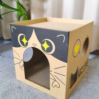 Tvirtas kartoninis kačių namelis su draskykle - Atsparus dėvėjimuisi ir nepaliekantis plaukų Reinforced Corrugated Cardboard, Cartoon Upgrade beige