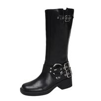Retro Cowboy Women Mid Calf Western Female Long Belt Buckle Autumn Shoes Knight Booties Botas Mujer55 Platform Zapatos Trafza 35 black