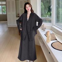 Fungus-edged Coat, Women's Chic Slimming Skirt, Two-piece Spring and Autumn New Skirt Suit XL juoda