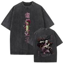 Demon Slayer Nezuko Kamado Chibi Vintažiniai skalbti dvipusis grafinis marškinėlis, Oversized Anime gatvės stiliaus marškinėlis, Unisex laisvalaikio viršus S dramblio kaulas