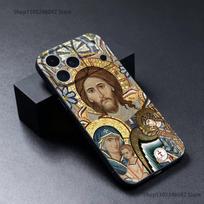 Ortodoksų kryžiaus piktograma Jėzus Dievas iPhone 17,16,15,14,13,12,11,Pro,XS,Max,XR,Plus,E,SE4,Mini juodas minkštas dėklas iPhone17 black
