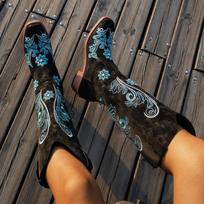 Moteriški ilgi batai Retro siuvinėti Vakarų kaubojiški batai moterims Smailūs aukštakulniai odiniai ankle boots Madingi riterio Botas 39 juoda