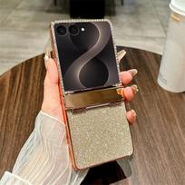 Cirkonio Blizgučių Telefono Dėklas Skirtas Samsung Z Flip 8 7 Galaxy Z Flip 7 FE 6 5 4 Galvanizuotas Rėmelis Apsauginis Dangtelis Centrinei Ašiai Galaxy Z Flip6 auksas