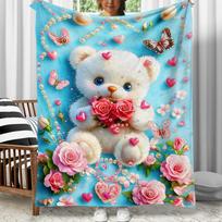 Cute teddy bear holding roses hearts butterflies floral blue background flannel blanket soft cozy love theme blanketforgirlsgift 75x100cm (30x40inch) blue