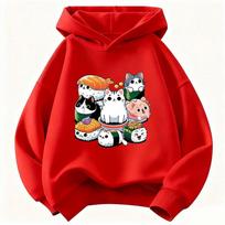 Funny Sushi Cat Food Design Printed Hoodie Kids Cat Children'S Sweatshirt Hoody For Boys Girls Spring Y2K Casual Hoodies 100 raudona
