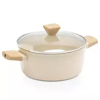 Puodas su keramine danga ir stikliniu dangčiu, smėlio spalvos, 24 cm