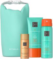 Rinkinys Rituals: The Ritual of Karma žvilgesio suteikiantis kūno aliejus 30 ml + The Ritual of Karma apsauginis kremas nuo saulės veidui SPF 30 50 ml + The Ritual of Karma baltosios arbatos apsauginis purškiklis nuo saulės SPF 30, 50 ml