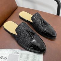 Fashion Murray Shoes Men Half Headed PU Spliced Tassel Decoration Block Carved Casual Slippers Fashion Classic Men Slippers 47 juoda