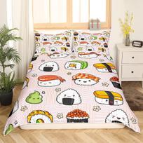 Japanese Sushi King Queen Duvet Cover Little Cat Bedding Set Novelty Cartoon Pet Animal Japan Food White Polyester Quilt Cover 140x200cm 3pcs beige