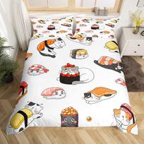 Japanese Sushi King Queen Duvet Cover Little Cat Bedding Set Novelty Cartoon Pet Animal Japan Food White Polyester Quilt Cover 140x200cm 3pcs