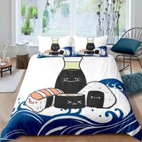 Japanese Sushi King Queen Duvet Cover Little Cat Bedding Set Novelty Cartoon Pet Animal Japan Food White Polyester Quilt Cover AU Double(180x210cm)
