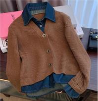 Retro Hong Kong Style Denim Patchwork Knitted Cardigan Women's Long Sleeve Sweater Jacket Fashionable Autumn Versatile XS kava